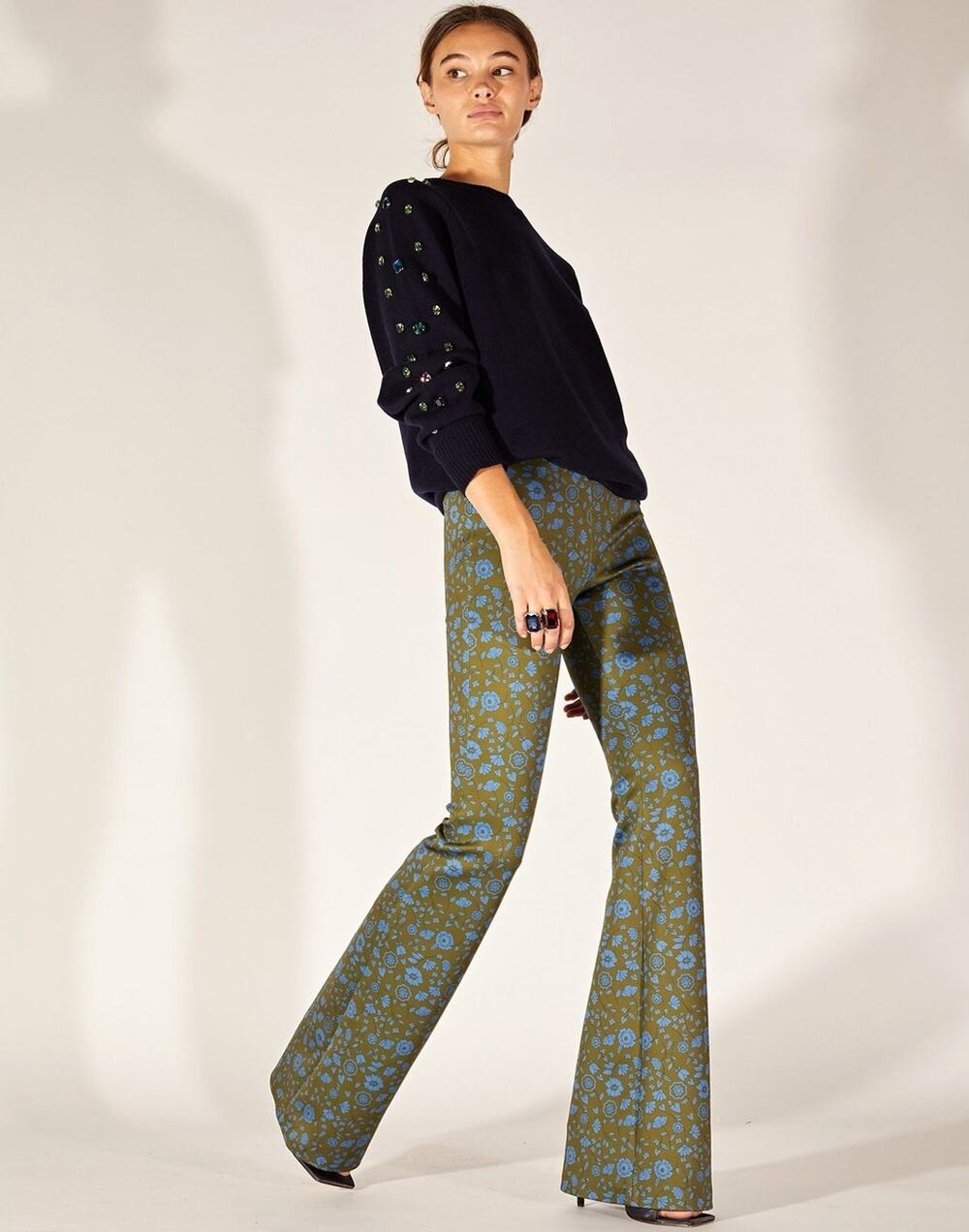 Cynthia Rowley The Bonded Flare Pant Sz 8 Long Green Blue Floral Retro Mod NWT